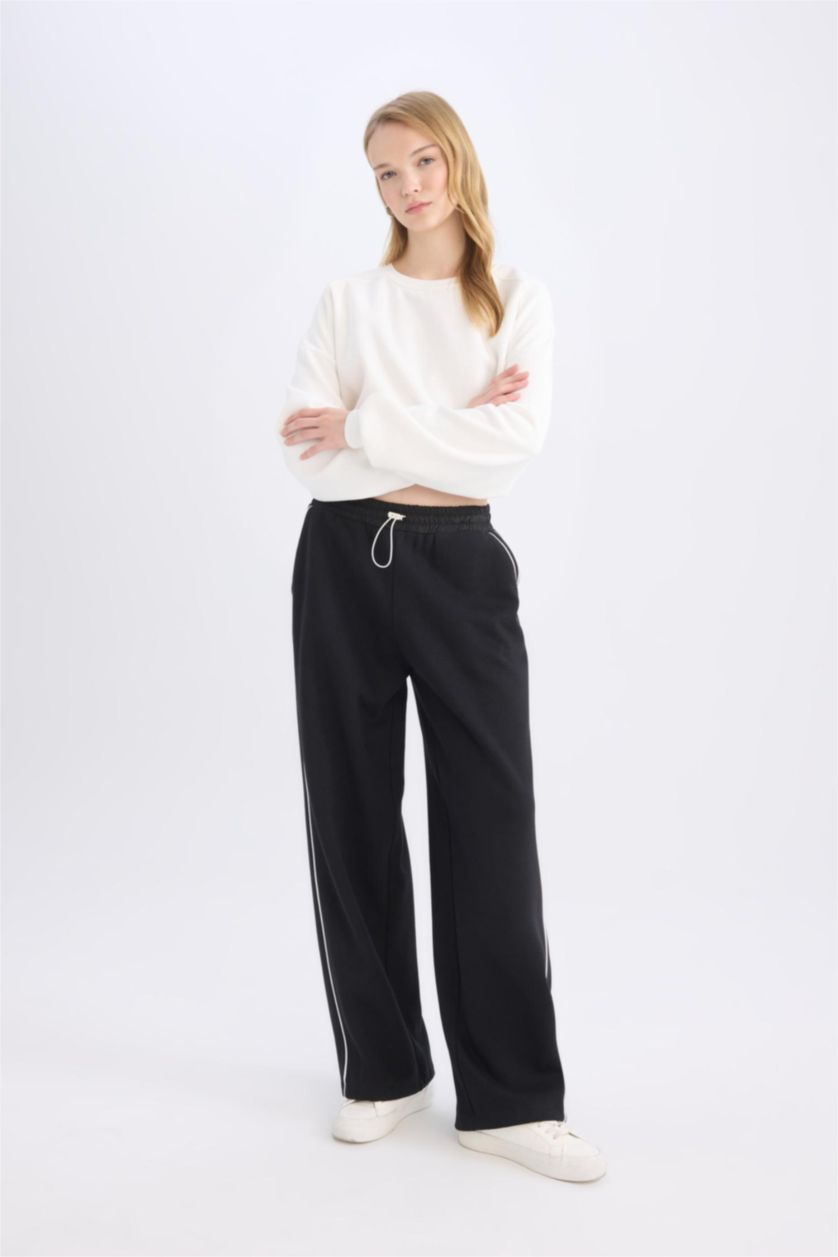 FEMME Noir Pantalon de survêtement Large à taille élastique ajustable avec bandes latérales