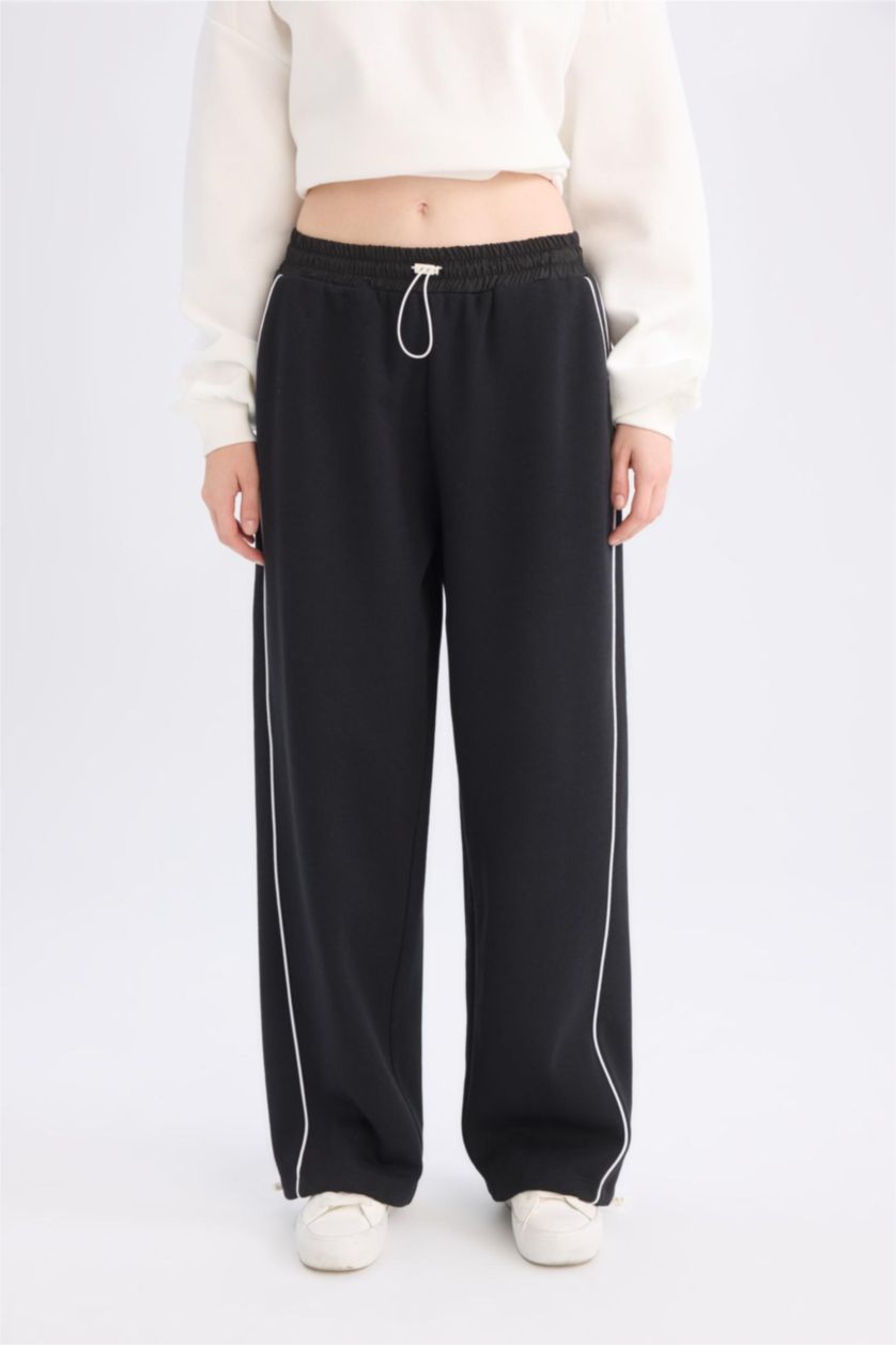 FEMME Noir Pantalon de survêtement Large à taille élastique ajustable avec bandes latérales