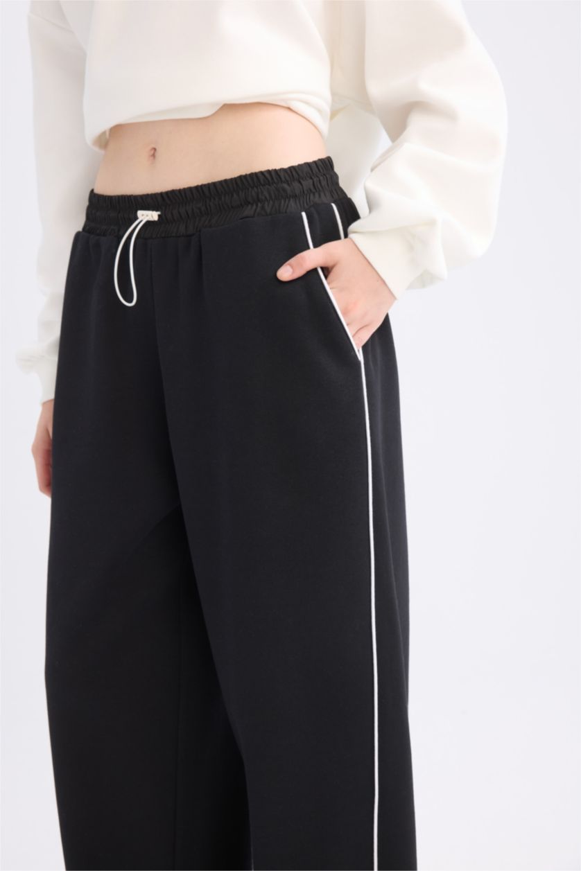 FEMME Noir Pantalon de survêtement Large à taille élastique ajustable avec bandes latérales