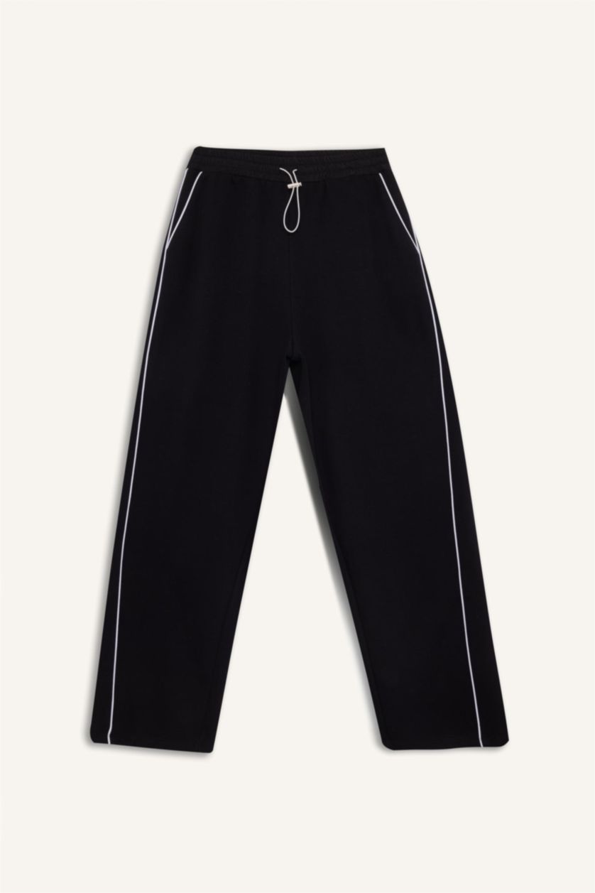 FEMME Noir Pantalon de survêtement Large à taille élastique ajustable avec bandes latérales