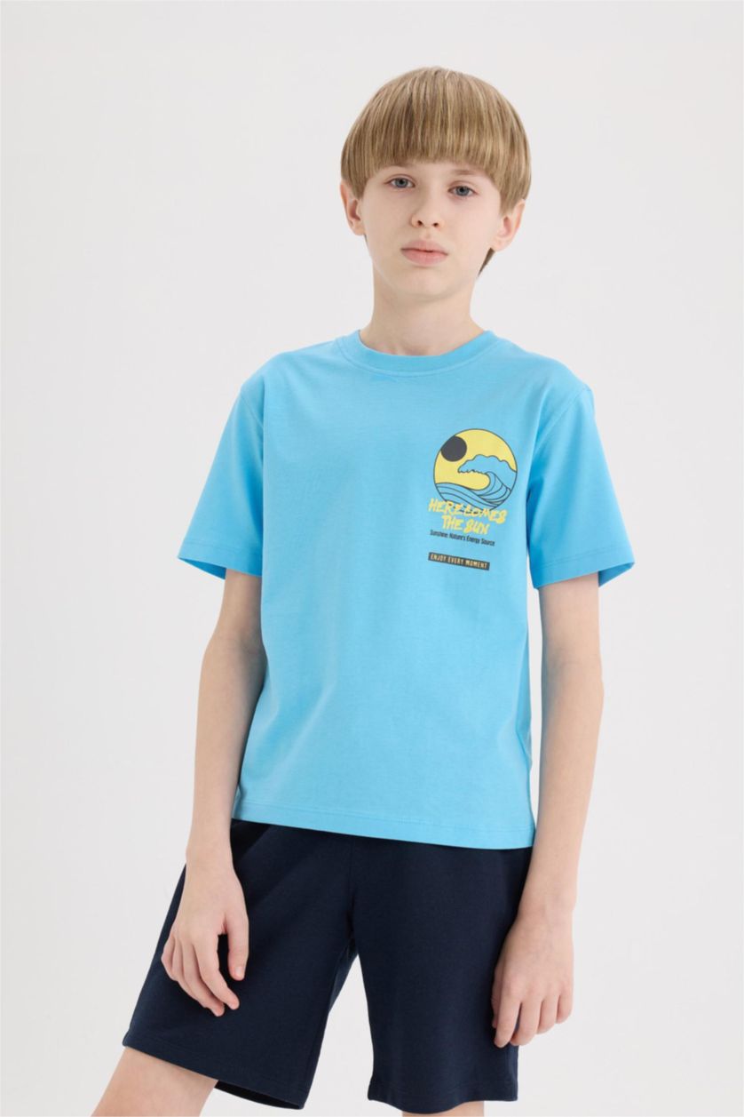 Ұлдар Және Жасөспірімдер Көк Ұлдарға дөңгелек жаға басып шығарылған қысқа жеңді Қысқа жеңді футболка