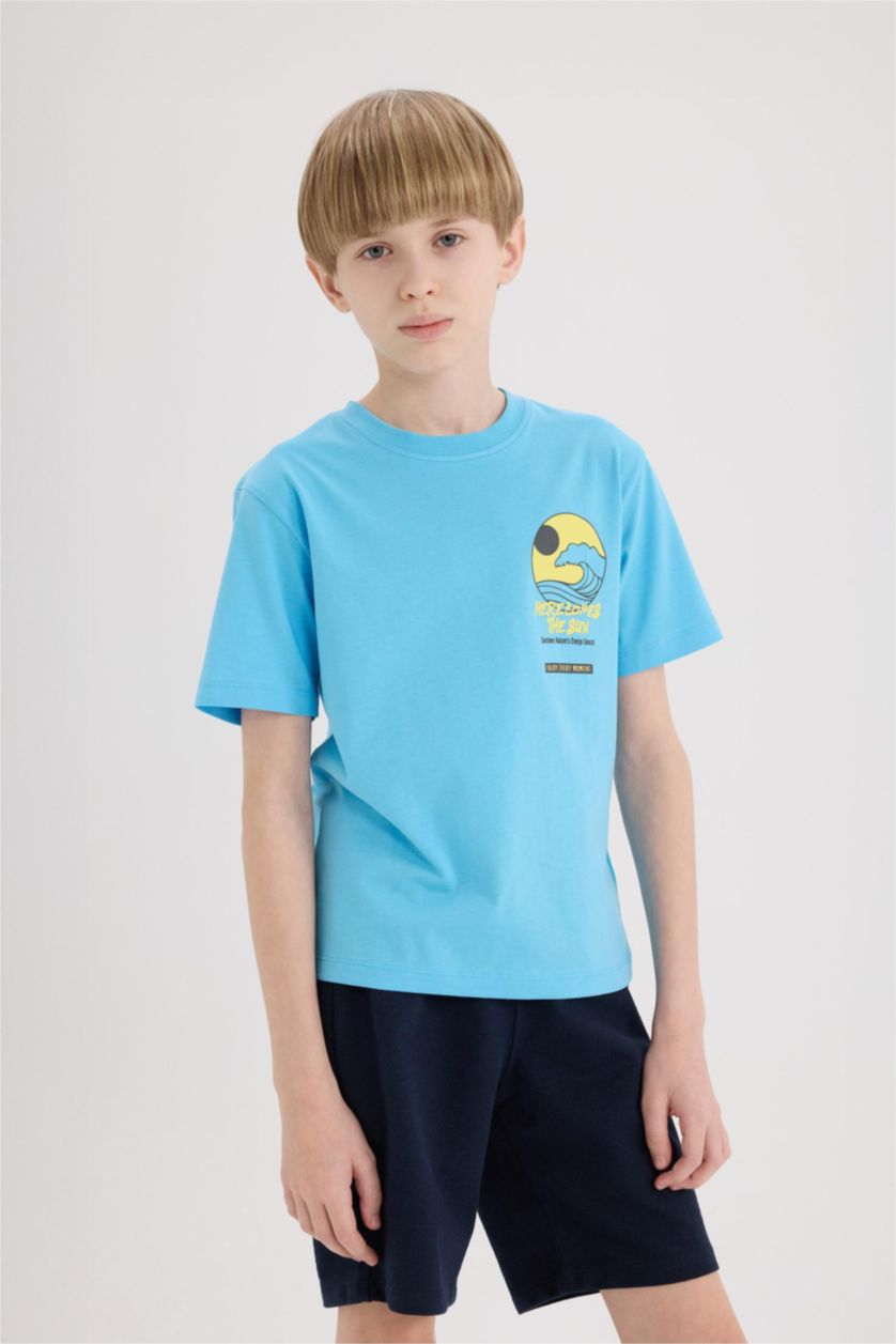 Ұлдар Және Жасөспірімдер Көк Ұлдарға дөңгелек жаға басып шығарылған қысқа жеңді Қысқа жеңді футболка