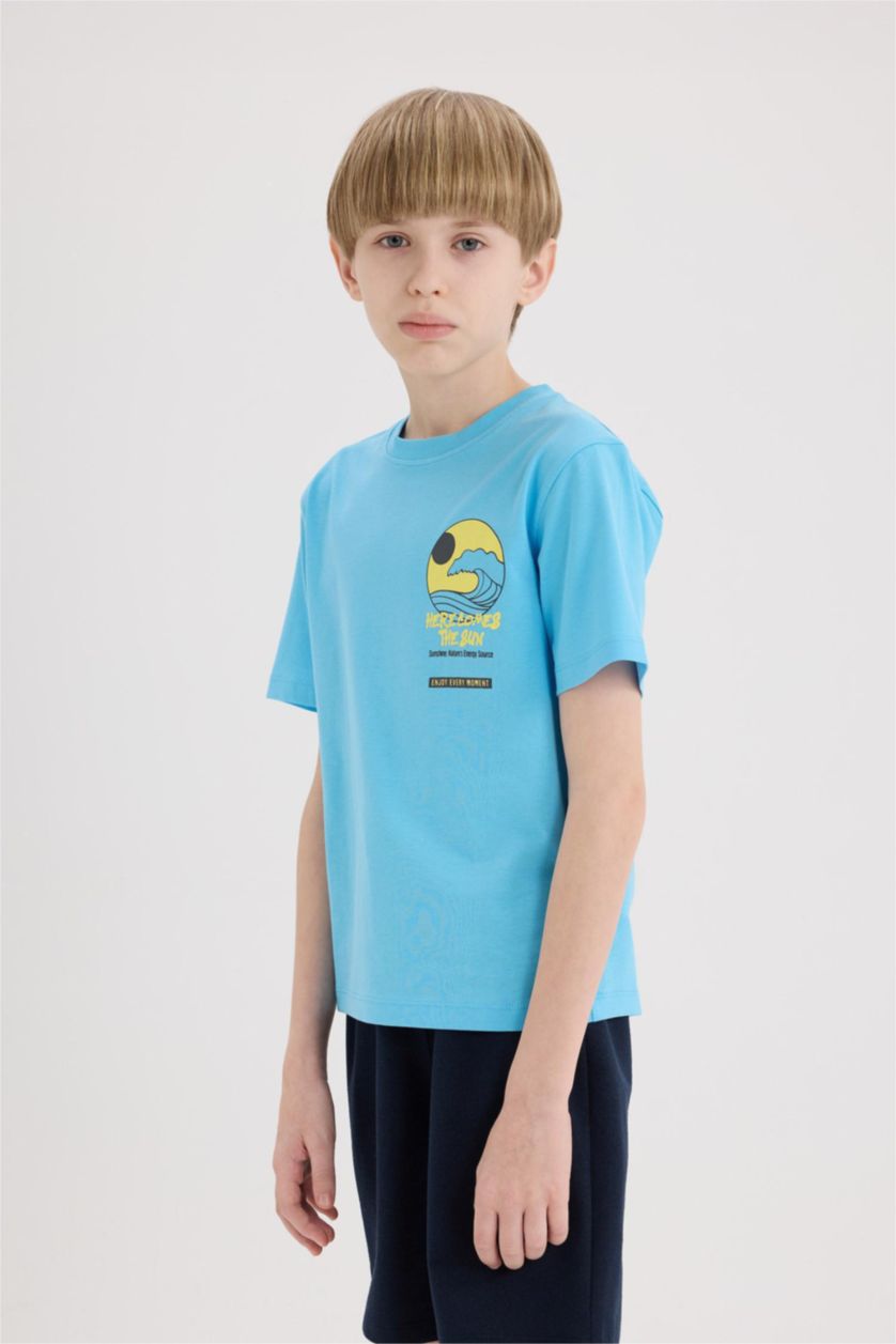 Ұлдар Және Жасөспірімдер Көк Ұлдарға дөңгелек жаға басып шығарылған қысқа жеңді Қысқа жеңді футболка