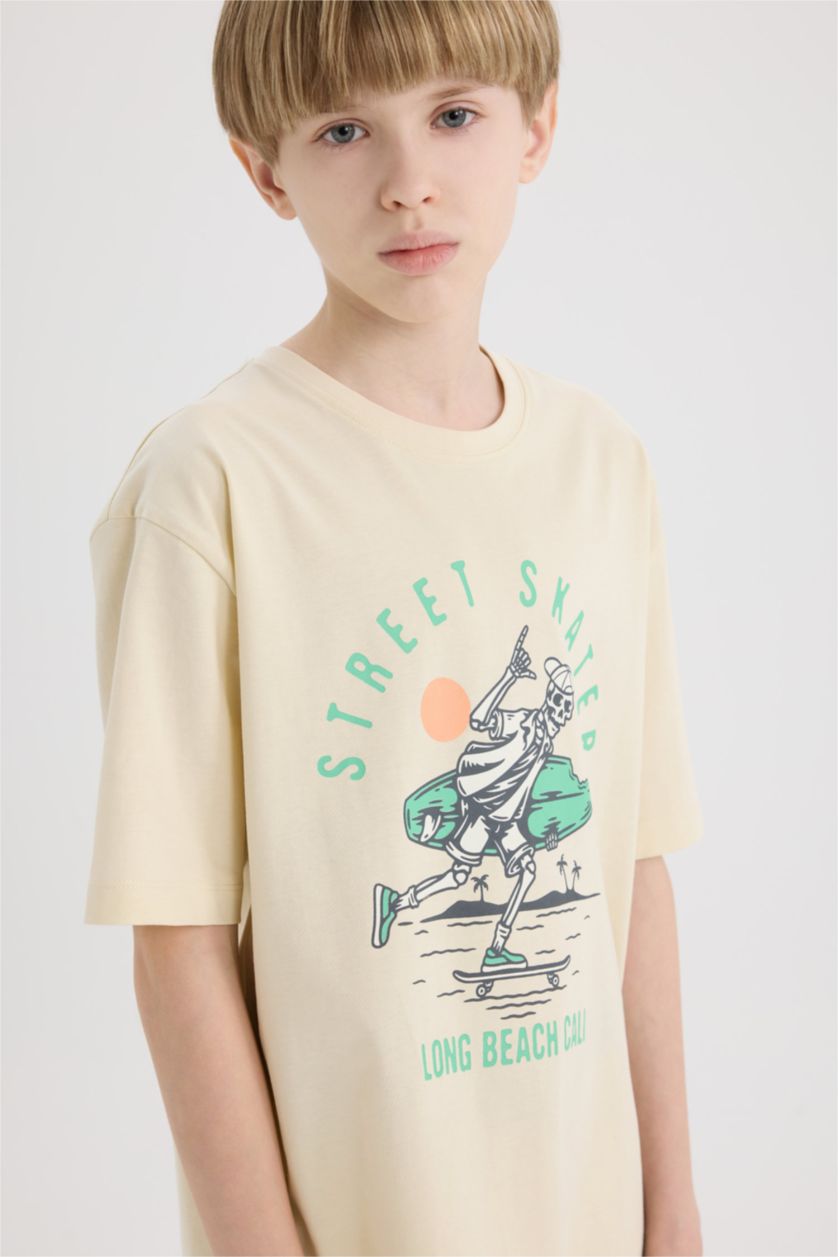 Erkek Çocuk - Genç Erkek Kum Bisiklet Yaka Baskılı Kısa Kollu Tişört Erkek Çocuk