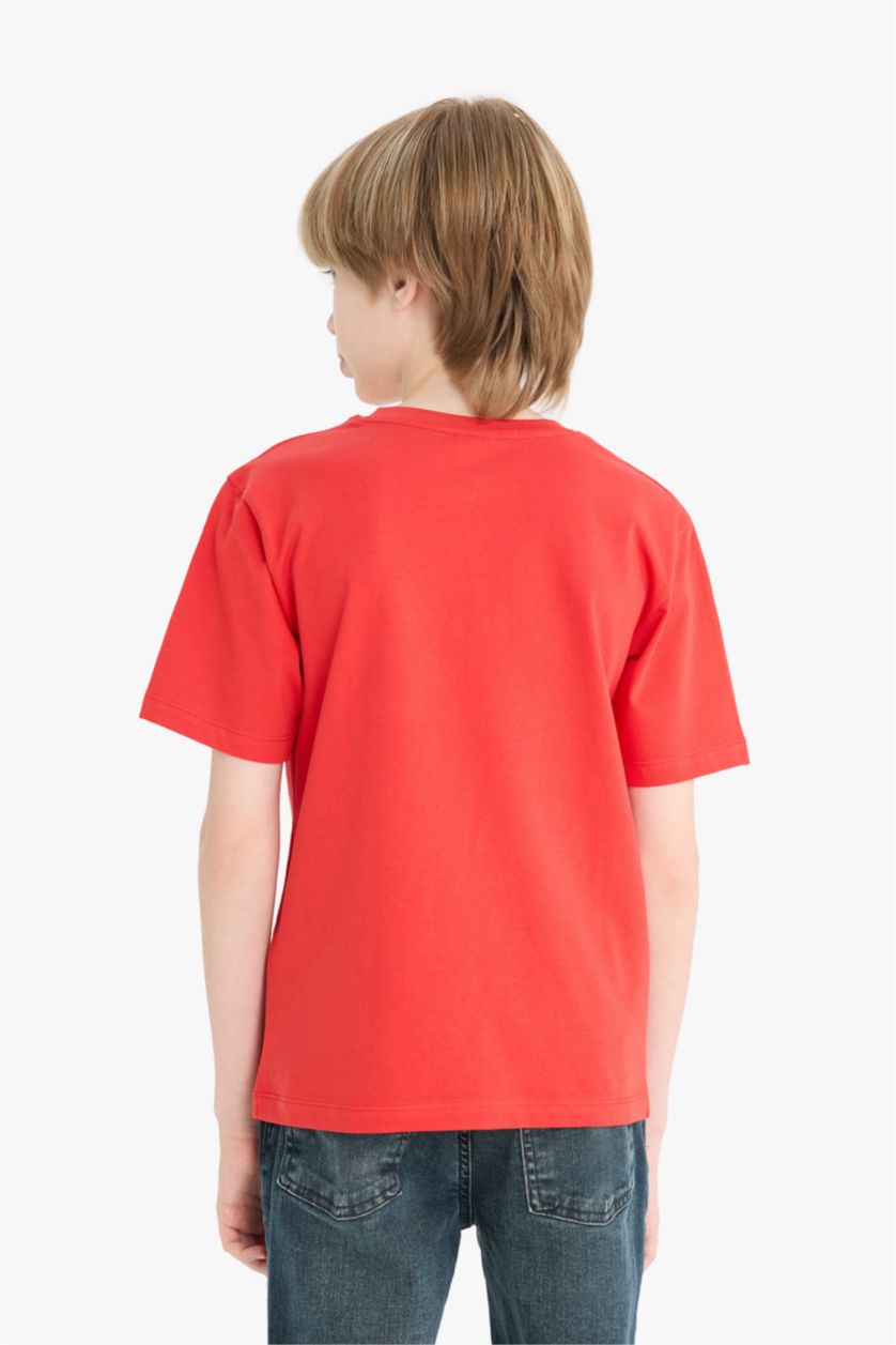 Erkek Çocuk - Genç Erkek Kırmızı Bisiklet Yaka Baskılı Kısa Kollu Tişört Erkek Çocuk