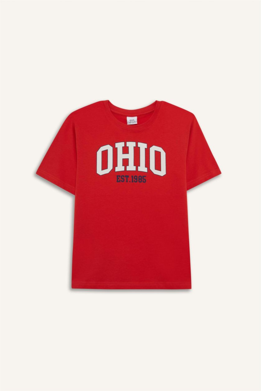 Erkek Çocuk - Genç Erkek Kırmızı Bisiklet Yaka Baskılı Kısa Kollu Tişört Erkek Çocuk