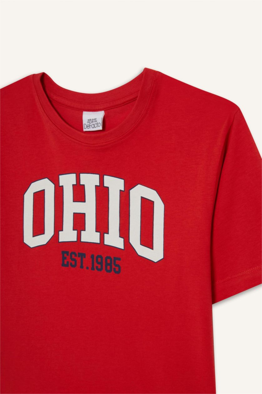 Erkek Çocuk - Genç Erkek Kırmızı Bisiklet Yaka Baskılı Kısa Kollu Tişört Erkek Çocuk