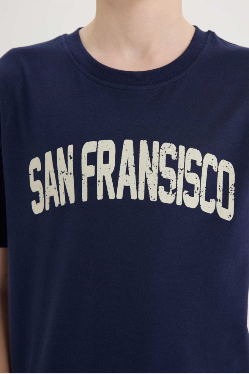 Erkek Çocuk - Genç Erkek Lacivert Bisiklet Yaka Baskılı Kısa Kollu Tişört Erkek Çocuk