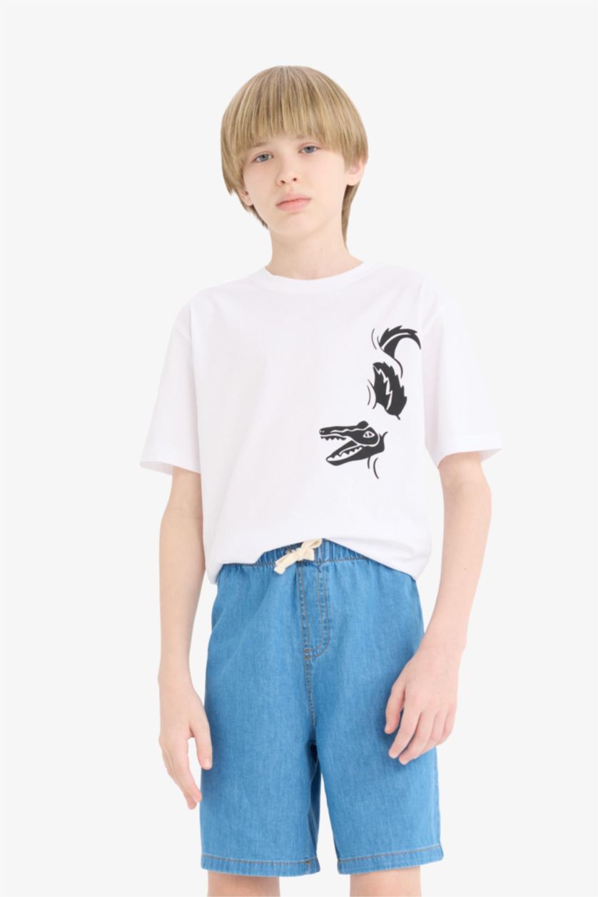 Erkek Çocuk - Genç Erkek Beyaz Bisiklet Yaka Baskılı Kısa Kollu Tişört Erkek Çocuk