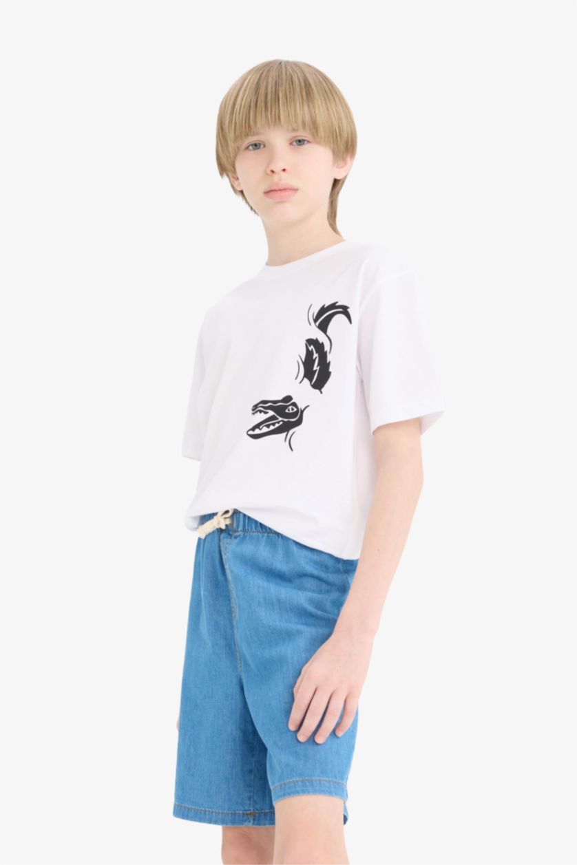 Erkek Çocuk - Genç Erkek Beyaz Bisiklet Yaka Baskılı Kısa Kollu Tişört Erkek Çocuk