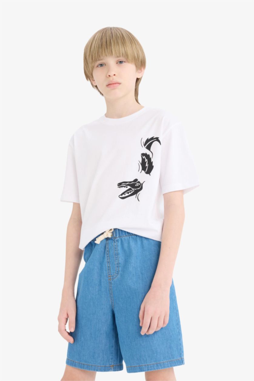 Erkek Çocuk - Genç Erkek Beyaz Bisiklet Yaka Baskılı Kısa Kollu Tişört Erkek Çocuk