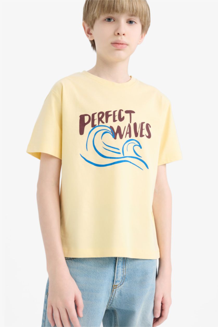 Erkek Çocuk - Genç Erkek Sarı Bisiklet Yaka Baskılı Kısa Kollu Tişört Erkek Çocuk