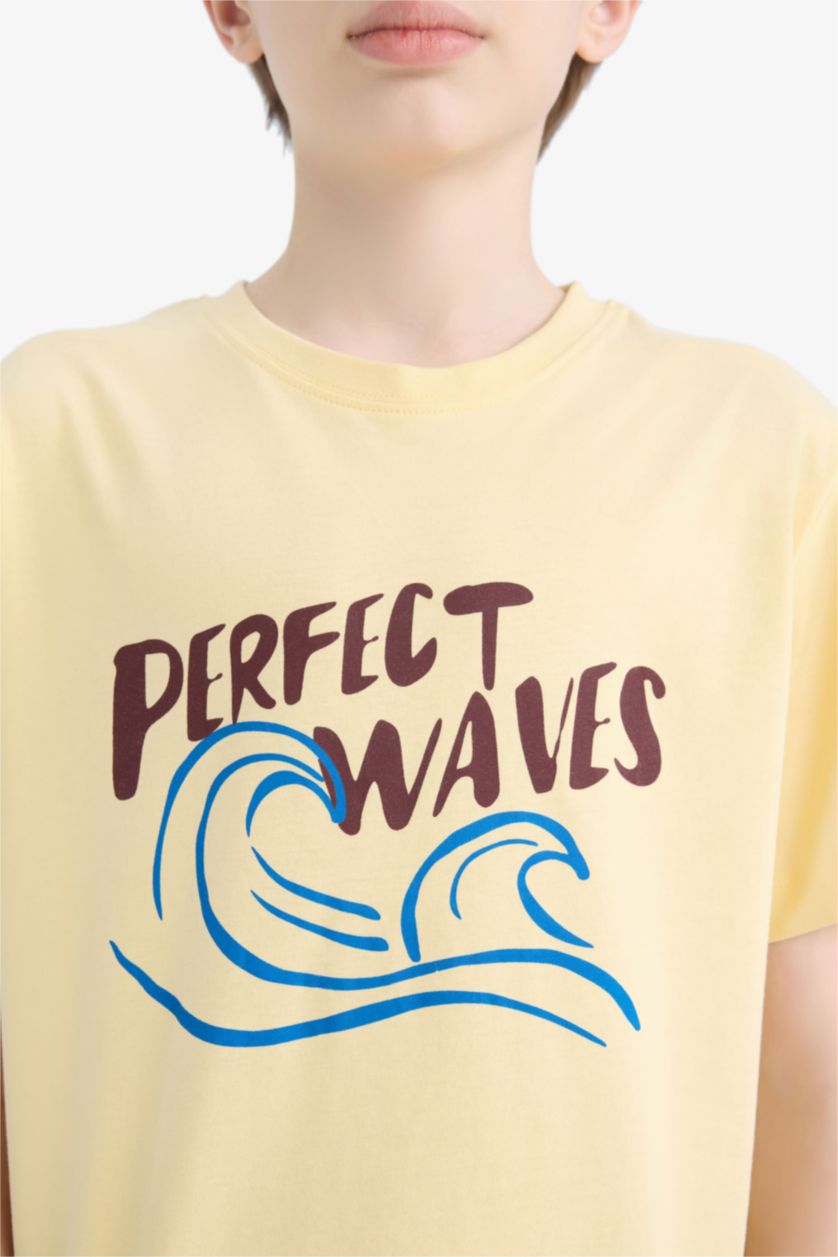 Erkek Çocuk - Genç Erkek Sarı Bisiklet Yaka Baskılı Kısa Kollu Tişört Erkek Çocuk