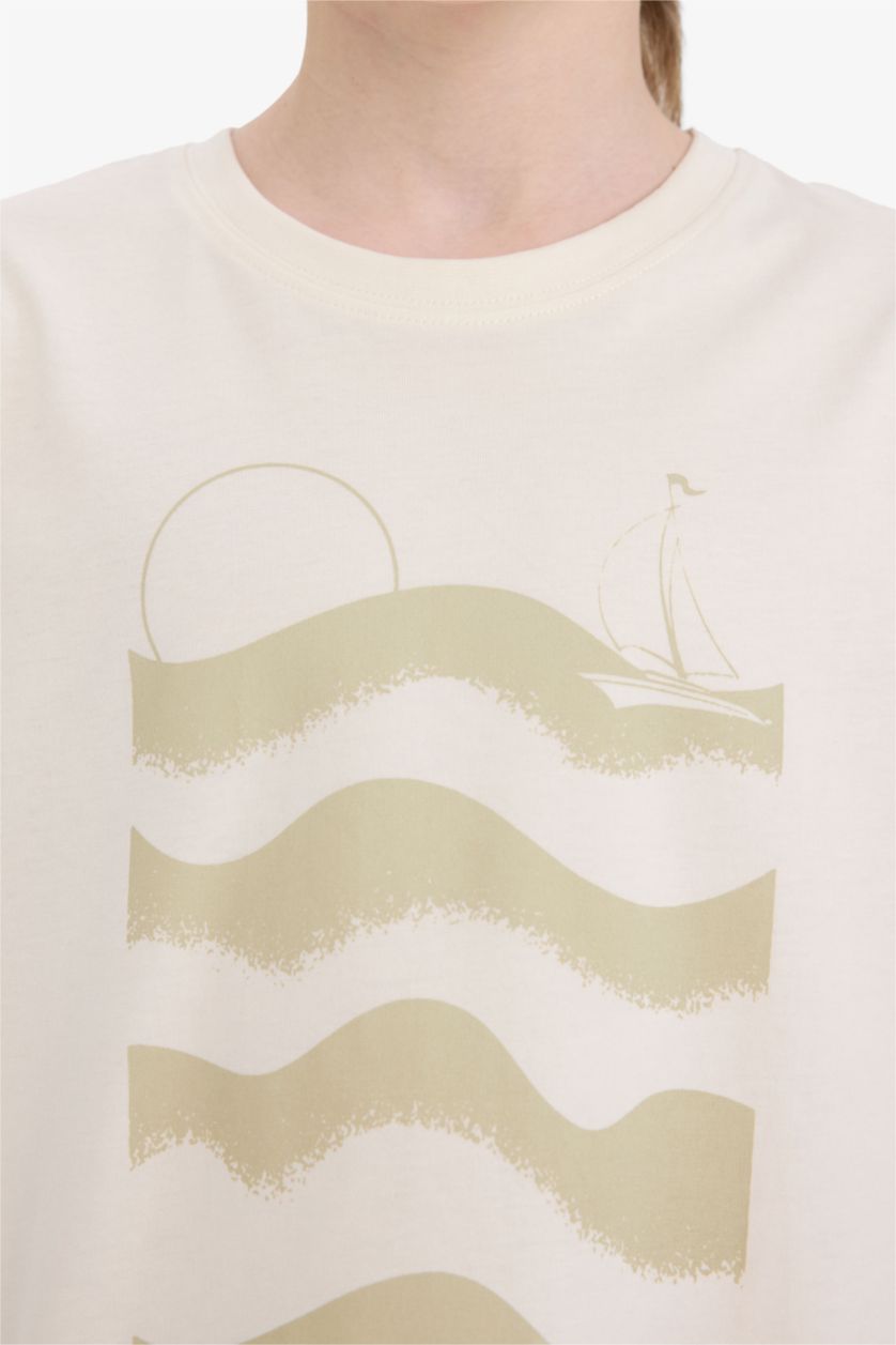 Erkek Çocuk - Genç Erkek Ekru Bisiklet Yaka Baskılı Kısa Kollu Tişört Erkek Çocuk