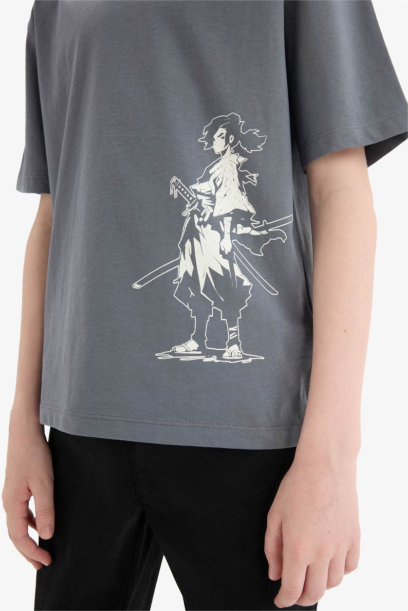 Erkek Çocuk - Genç Erkek Antrasit Bisiklet Yaka Baskılı Kısa Kollu Tişört Erkek Çocuk