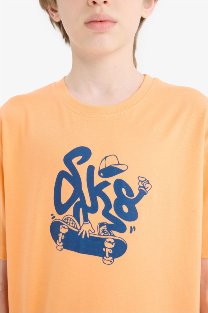 Erkek Çocuk - Genç Erkek Somon Bisiklet Yaka Baskılı Kısa Kollu Tişört Erkek Çocuk