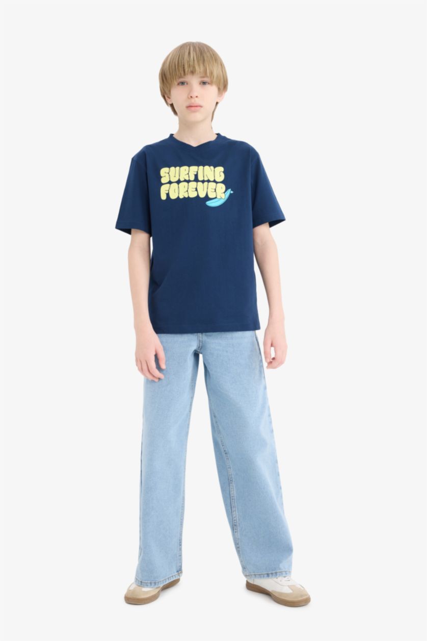 Erkek Çocuk - Genç Erkek Lacivert Bisiklet Yaka Baskılı Kısa Kollu Tişört Erkek Çocuk