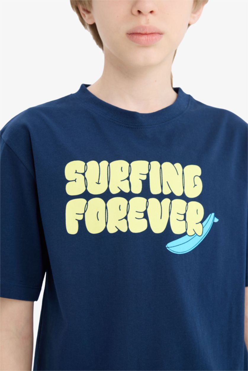 Erkek Çocuk - Genç Erkek Lacivert Bisiklet Yaka Baskılı Kısa Kollu Tişört Erkek Çocuk