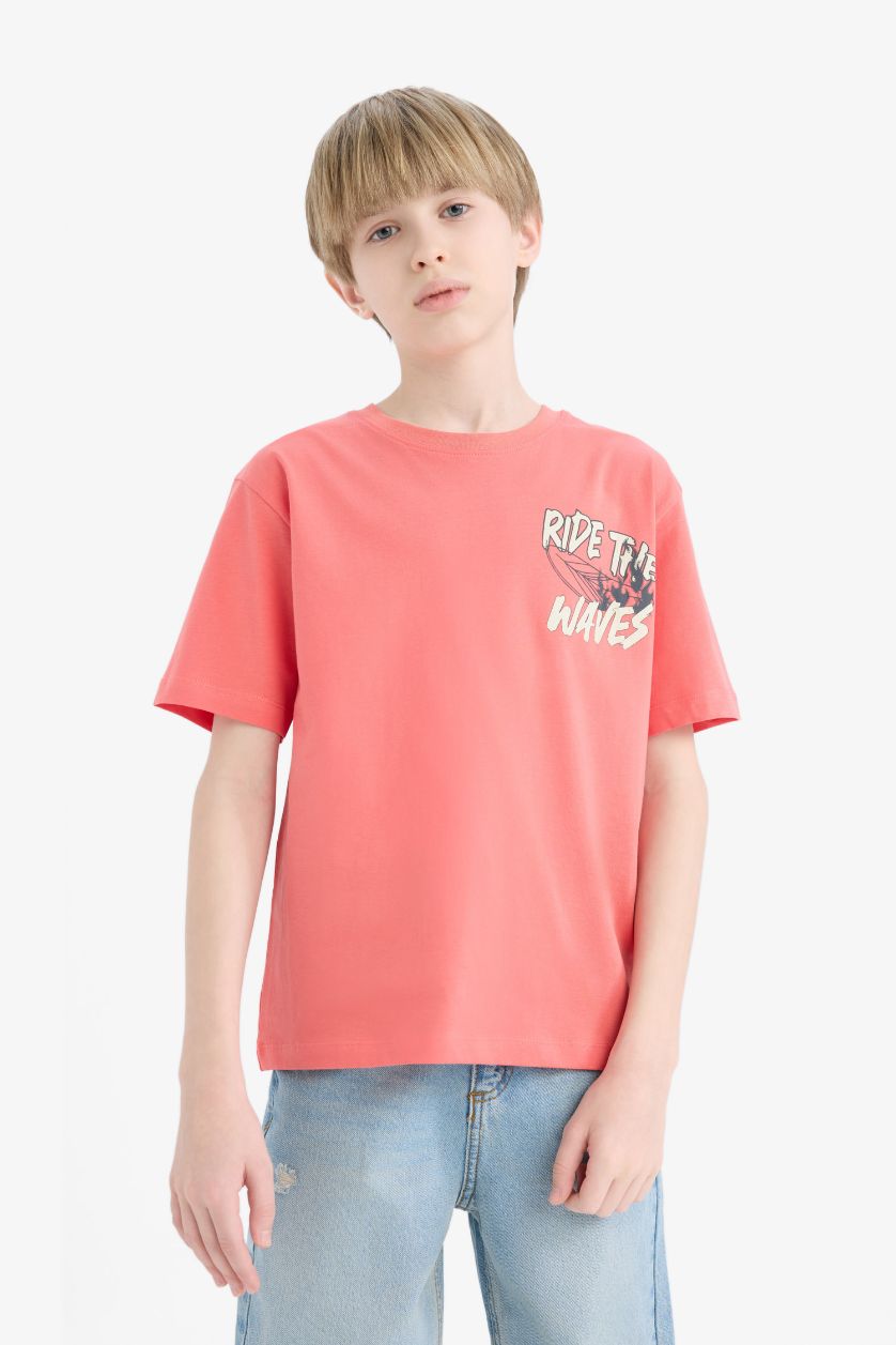 Erkek Çocuk - Genç Erkek Mercan Bisiklet Yaka Baskılı Kısa Kollu Tişört Erkek Çocuk