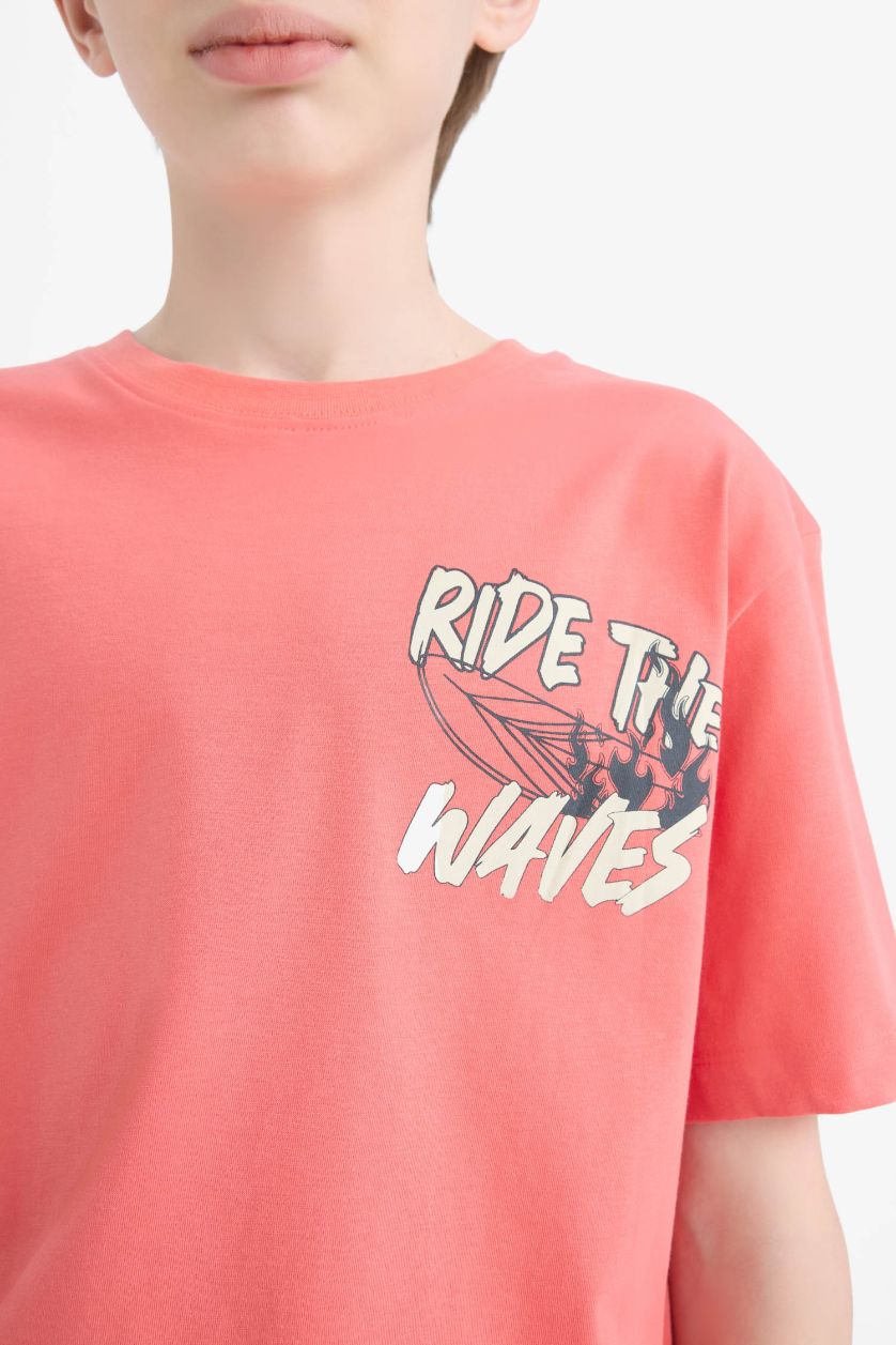 Erkek Çocuk - Genç Erkek Mercan Bisiklet Yaka Baskılı Kısa Kollu Tişört Erkek Çocuk