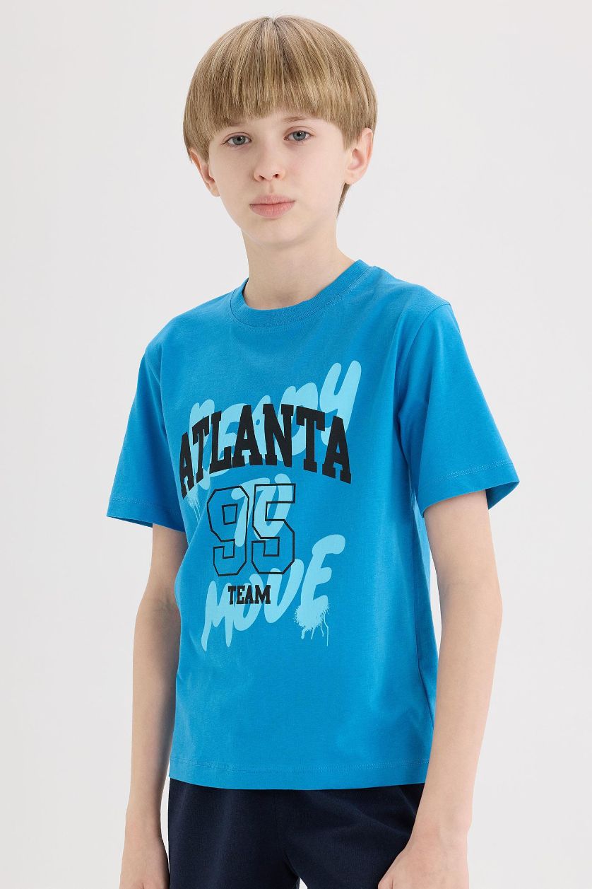 Erkek Çocuk - Genç Erkek Turkuaz Bisiklet Yaka Baskılı Kısa Kollu Tişört Erkek Çocuk