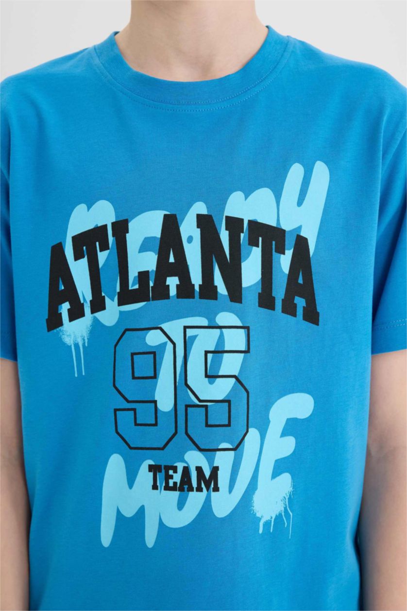 Erkek Çocuk - Genç Erkek Turkuaz Bisiklet Yaka Baskılı Kısa Kollu Tişört Erkek Çocuk