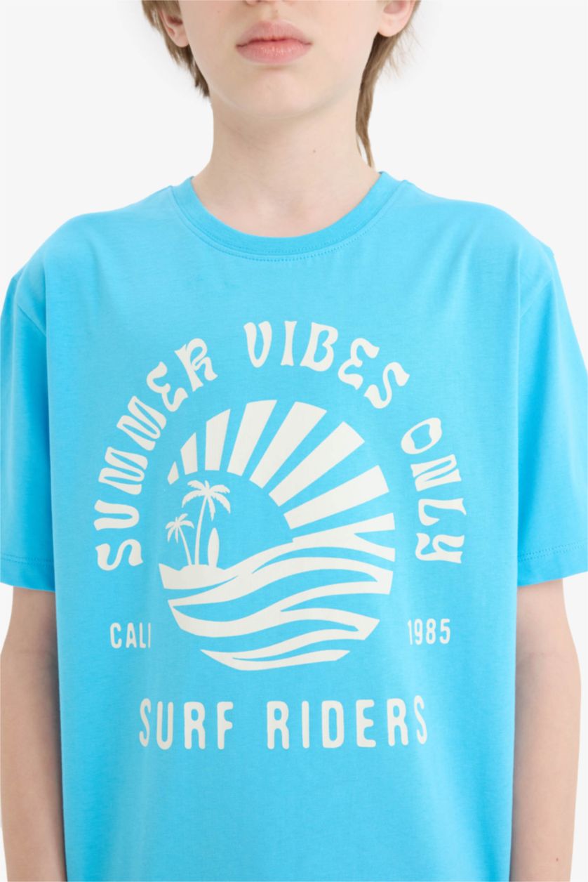 Erkek Çocuk - Genç Erkek Turkuaz Bisiklet Yaka Baskılı Kısa Kollu Tişört Erkek Çocuk