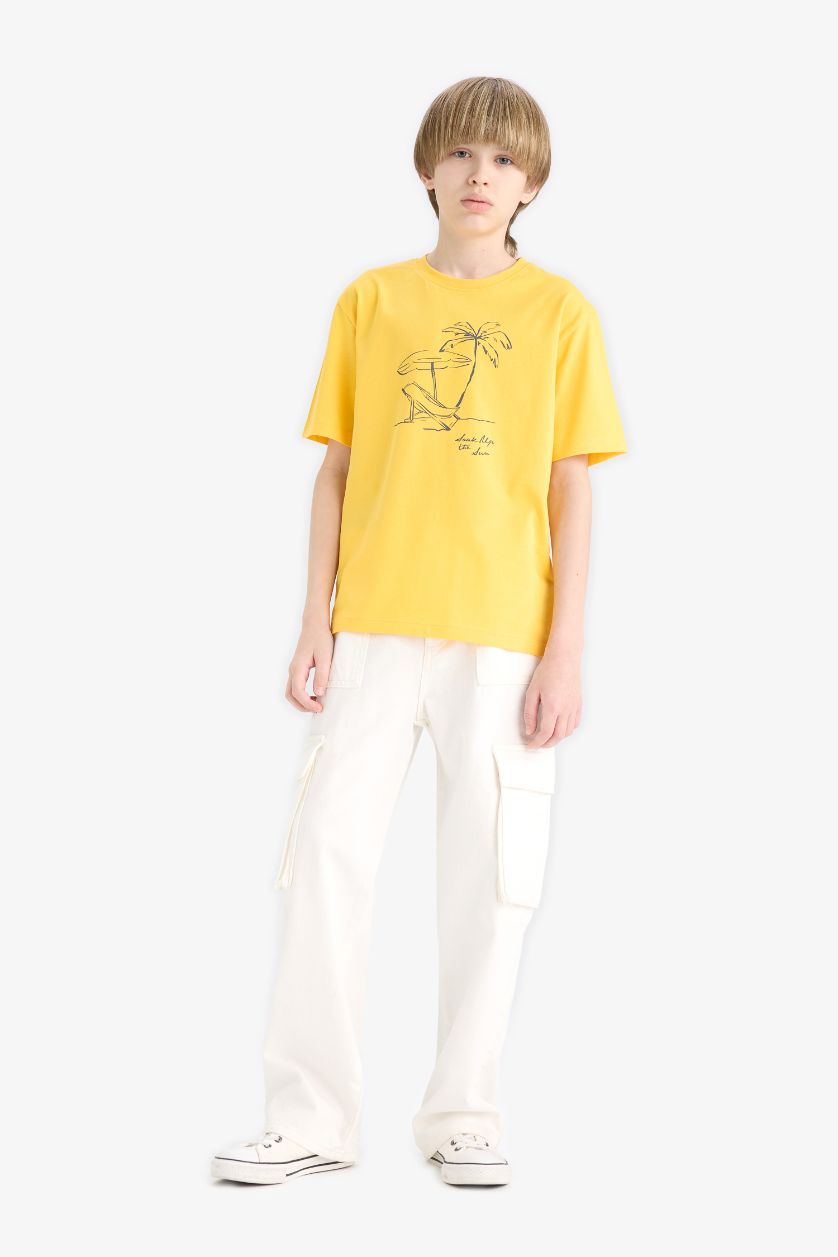 Erkek Çocuk - Genç Erkek Sarı Bisiklet Yaka Baskılı Kısa Kollu Tişört Erkek Çocuk