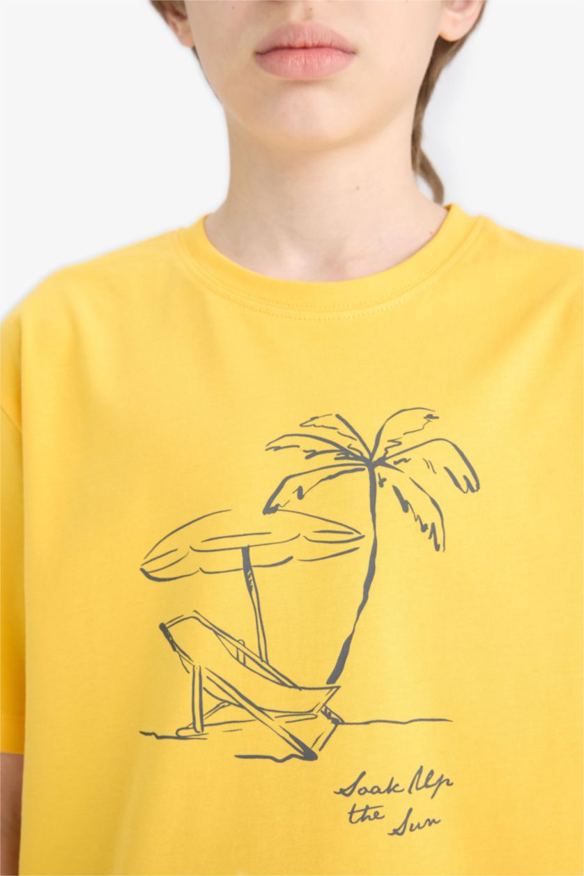 Erkek Çocuk - Genç Erkek Sarı Bisiklet Yaka Baskılı Kısa Kollu Tişört Erkek Çocuk