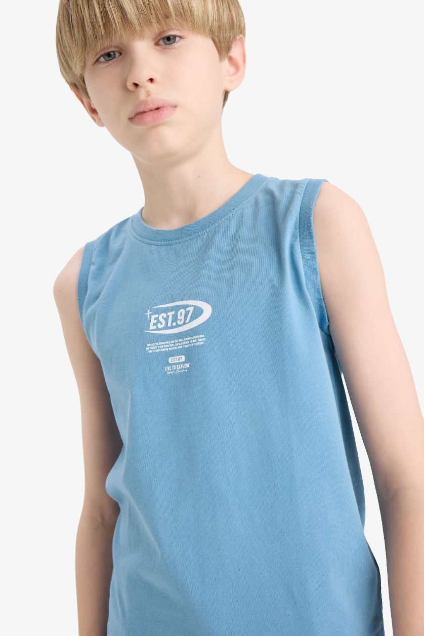 Erkek Çocuk - Genç Erkek Mavi Bisiklet Yaka Baskılı Atlet Erkek Çocuk