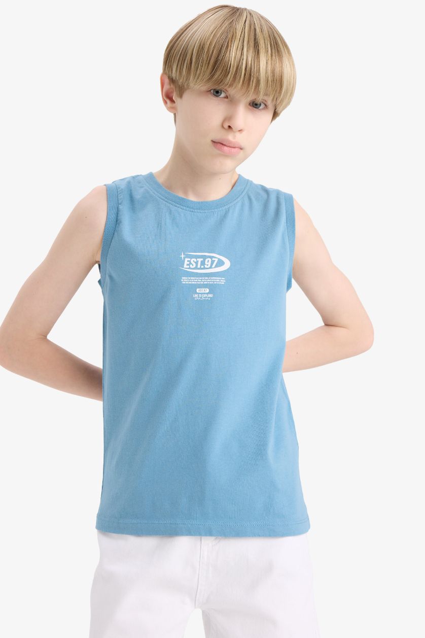 Erkek Çocuk - Genç Erkek Mavi Bisiklet Yaka Baskılı Atlet Erkek Çocuk