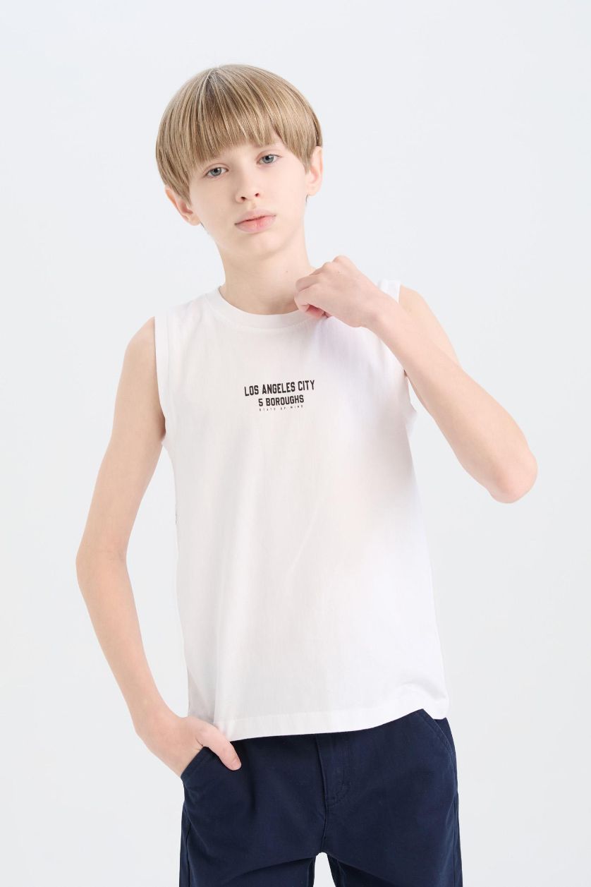 Erkek Çocuk - Genç Erkek Beyaz Bisiklet Yaka Baskılı Atlet Erkek Çocuk