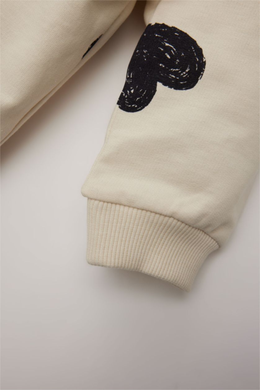 Kız Bebek Ekru Bisiklet Yaka Kalp Desenli Sweatshirt Kız Bebek