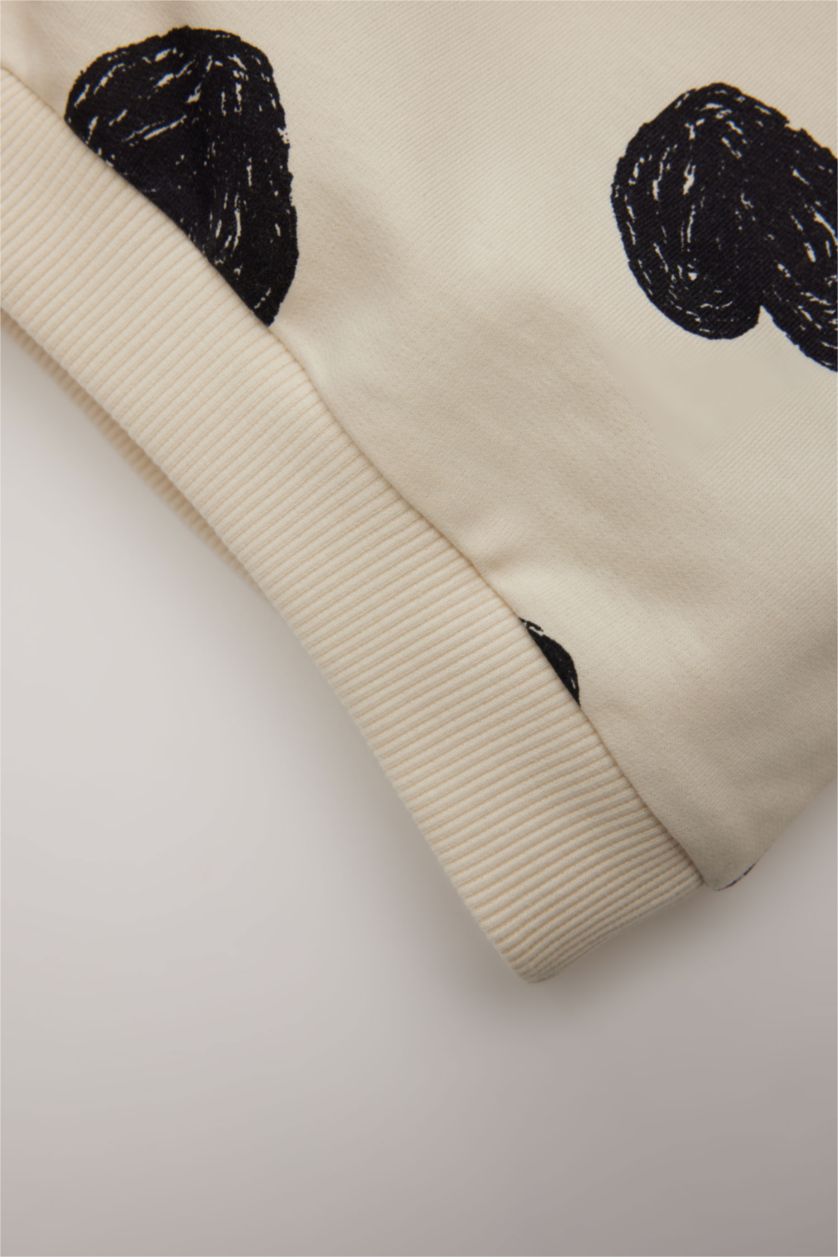 Kız Bebek Ekru Bisiklet Yaka Kalp Desenli Sweatshirt Kız Bebek