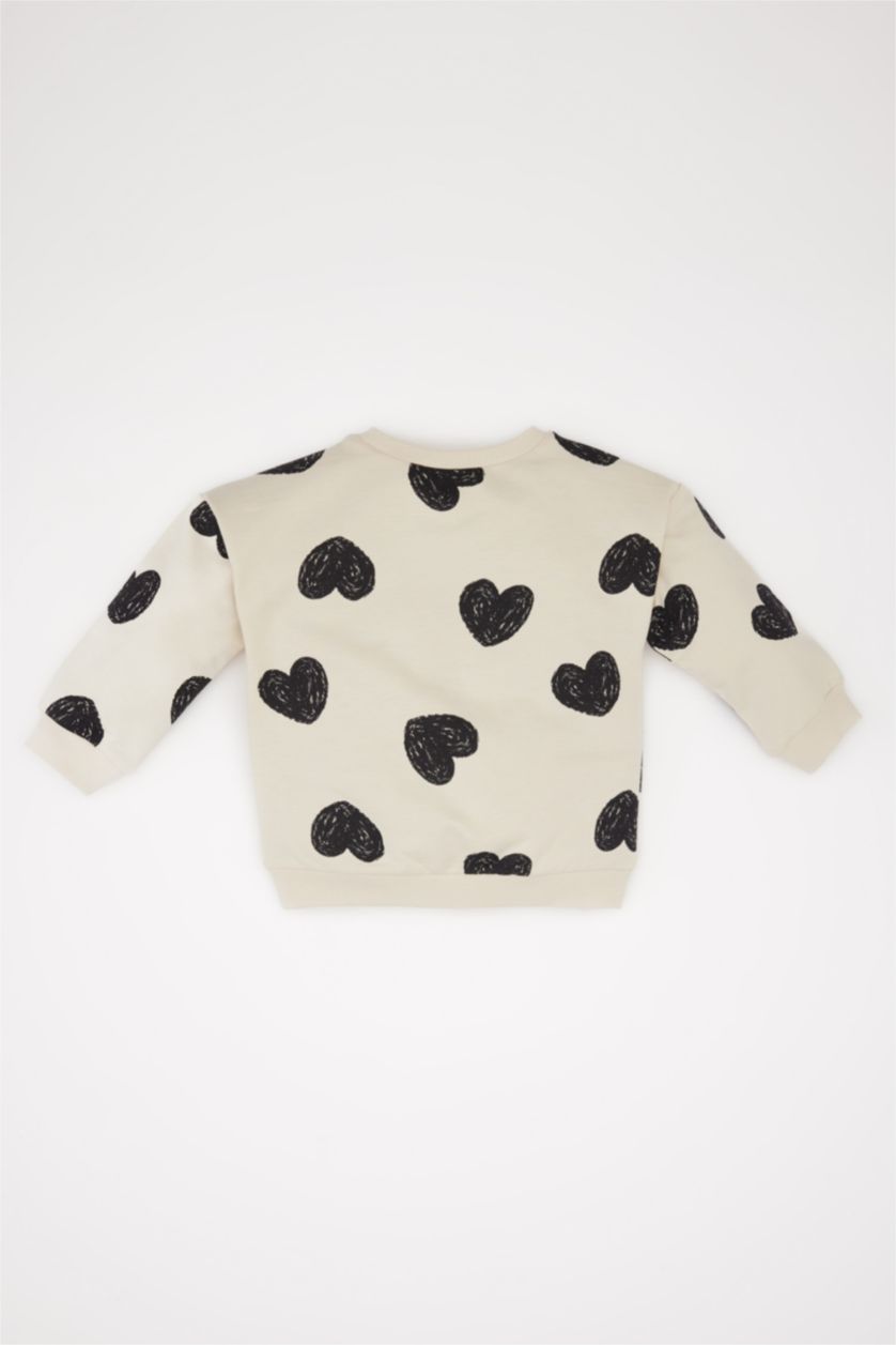 Kız Bebek Ekru Bisiklet Yaka Kalp Desenli Sweatshirt Kız Bebek