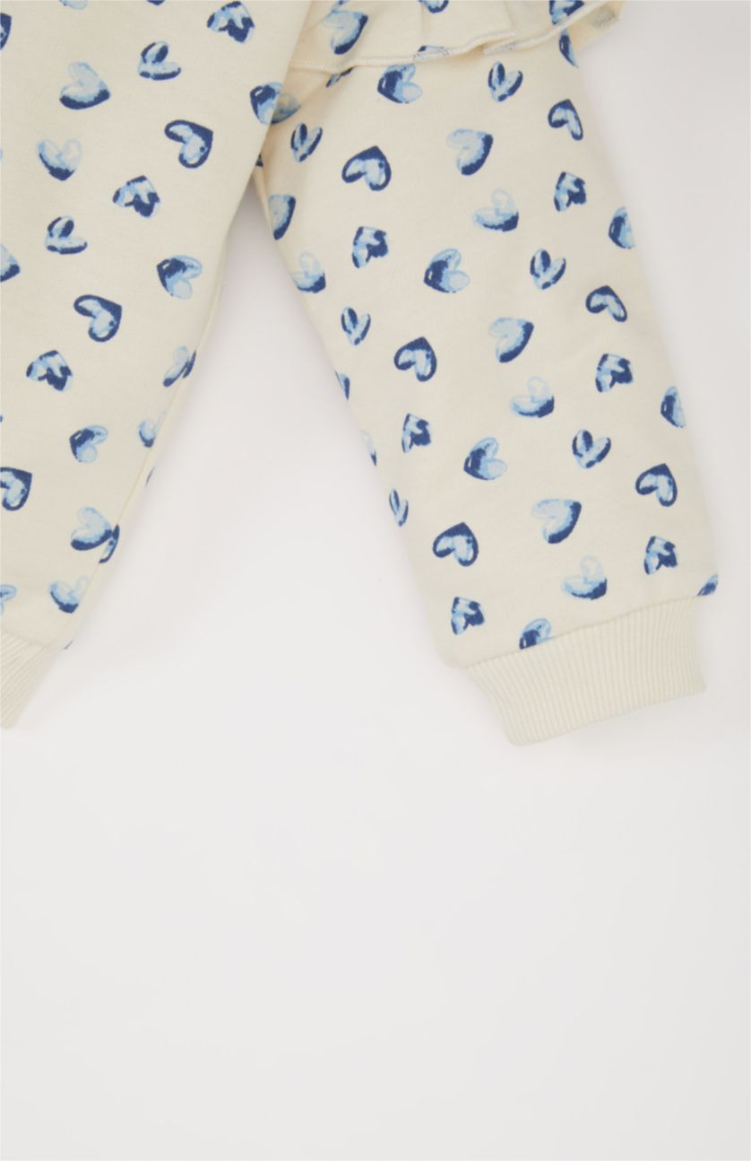 Kız Bebek Ekru Bisiklet Yaka Kalp Desenli Sweatshirt Kız Bebek