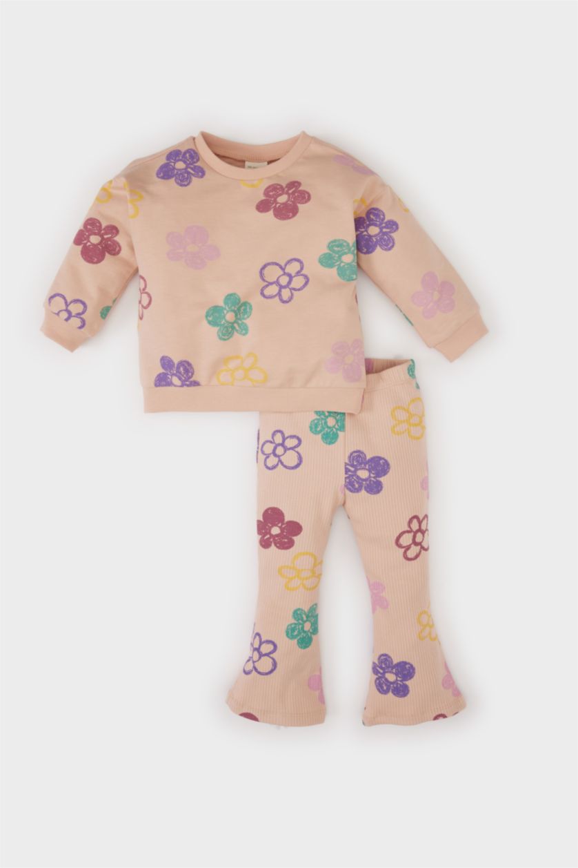 Kız Bebek Açık Pembe Kız Bebek 2'li Takım Çiçekli Sweatshirt Beli Lastikli İspanyol Paça Alt