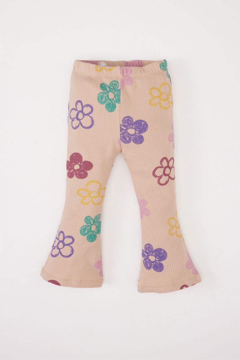 Kız Bebek Açık Pembe Kız Bebek 2'li Takım Çiçekli Sweatshirt Beli Lastikli İspanyol Paça Alt