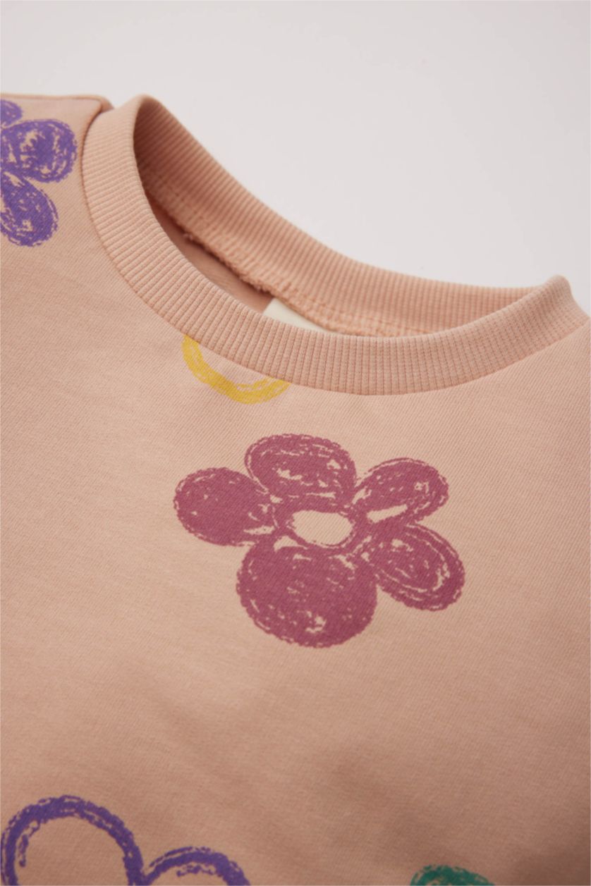 Kız Bebek Açık Pembe Kız Bebek 2'li Takım Çiçekli Sweatshirt Beli Lastikli İspanyol Paça Alt