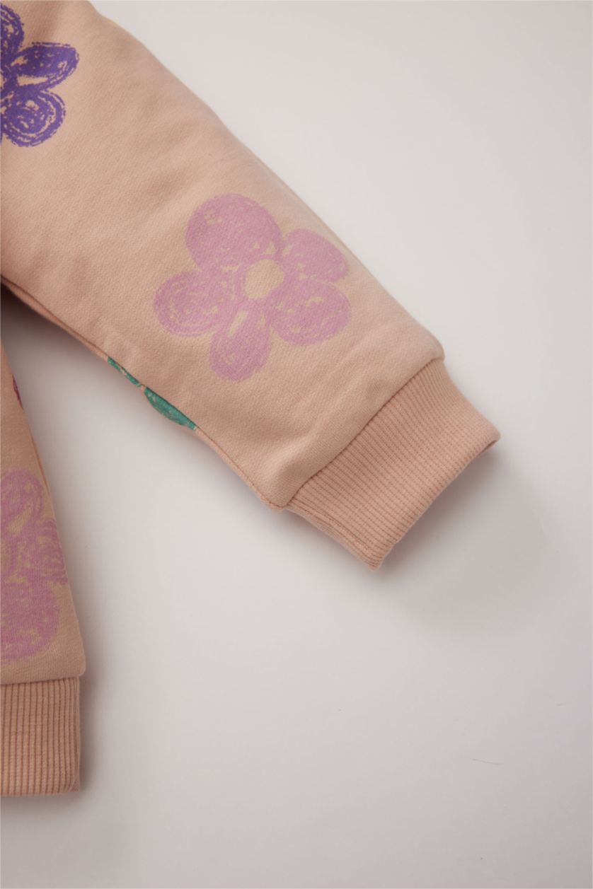 Kız Bebek Açık Pembe Kız Bebek 2'li Takım Çiçekli Sweatshirt Beli Lastikli İspanyol Paça Alt