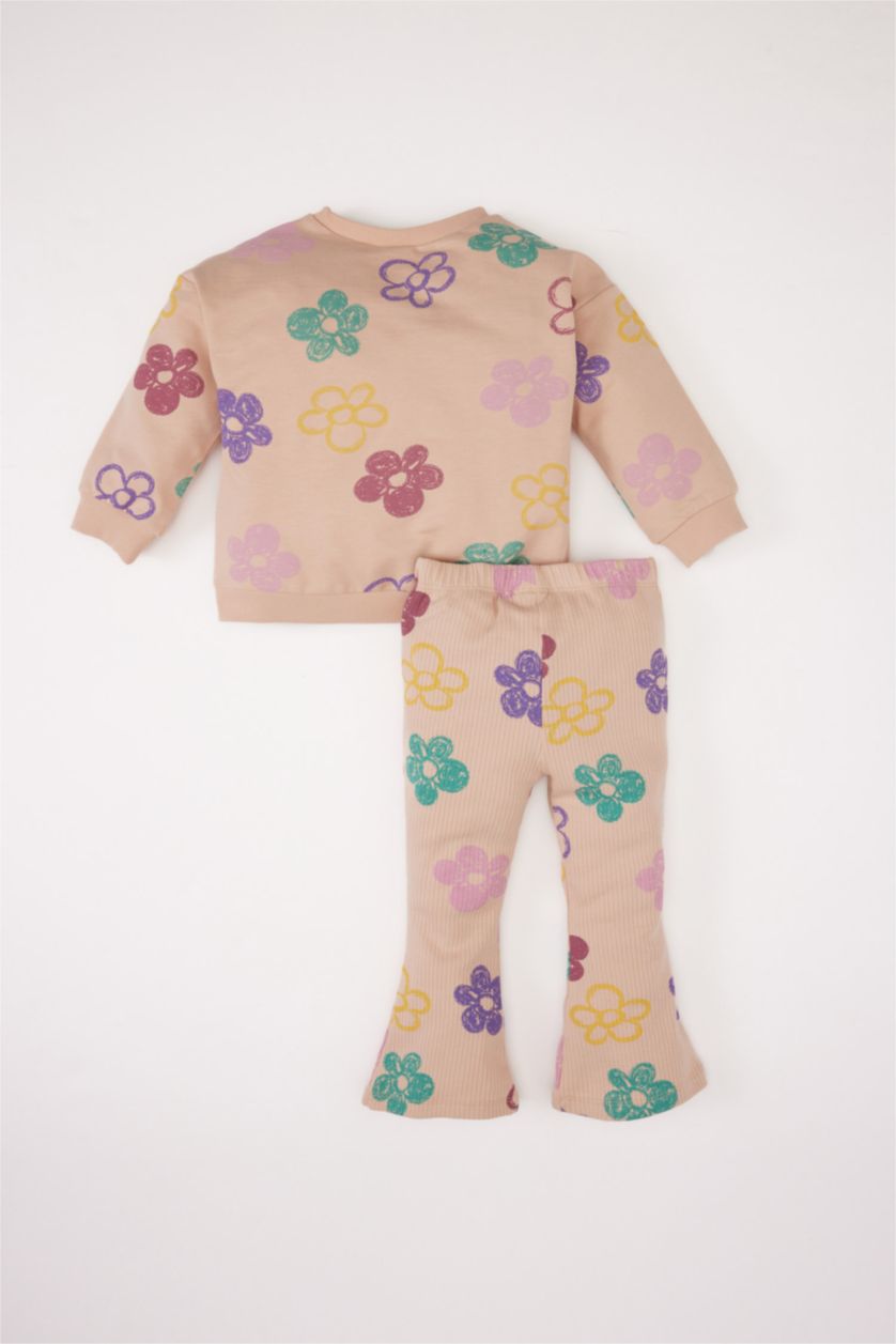 Kız Bebek Açık Pembe Kız Bebek 2'li Takım Çiçekli Sweatshirt Beli Lastikli İspanyol Paça Alt