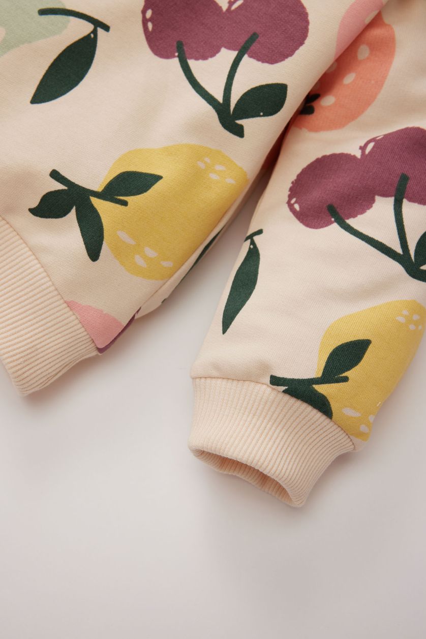 طفلة صغيرة اللون الرملي سيت بناتي سويت شيرت وبنطلون بطبعة فاكهة - قطعتين