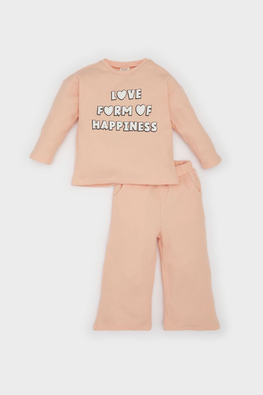 Kız Bebek Somon 2'li Takım Waffle Baskılı Sweatshirt Beli Lastikli Eşofman Altı Kız Bebek