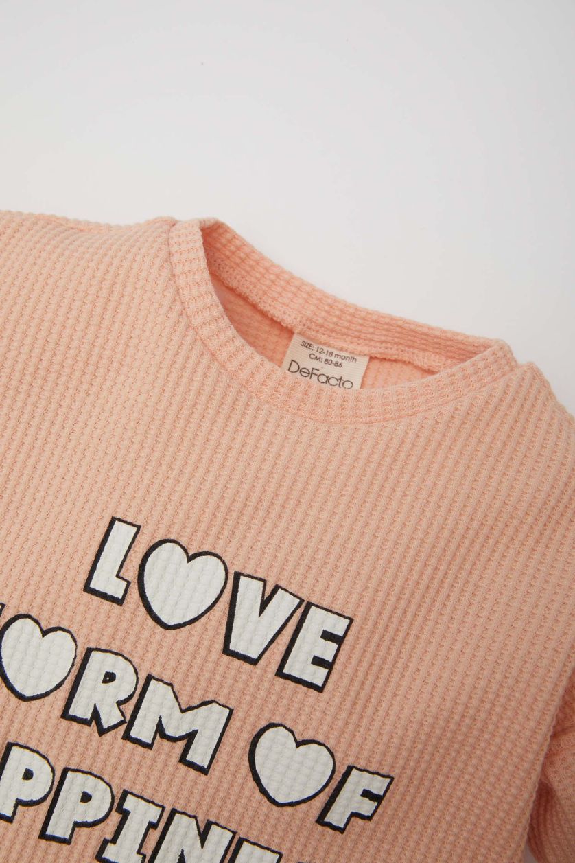 Kız Bebek Somon 2'li Takım Waffle Baskılı Sweatshirt Beli Lastikli Eşofman Altı Kız Bebek