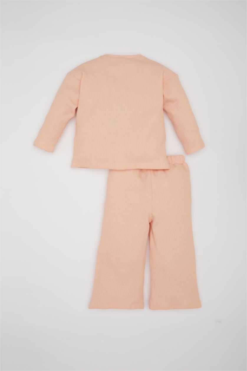 Kız Bebek Somon 2'li Takım Waffle Baskılı Sweatshirt Beli Lastikli Eşofman Altı Kız Bebek