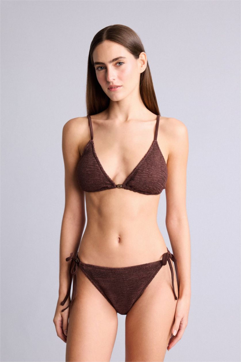 Kadın Kahve Regular Fit Kırışık Dokulu Bikini Alt