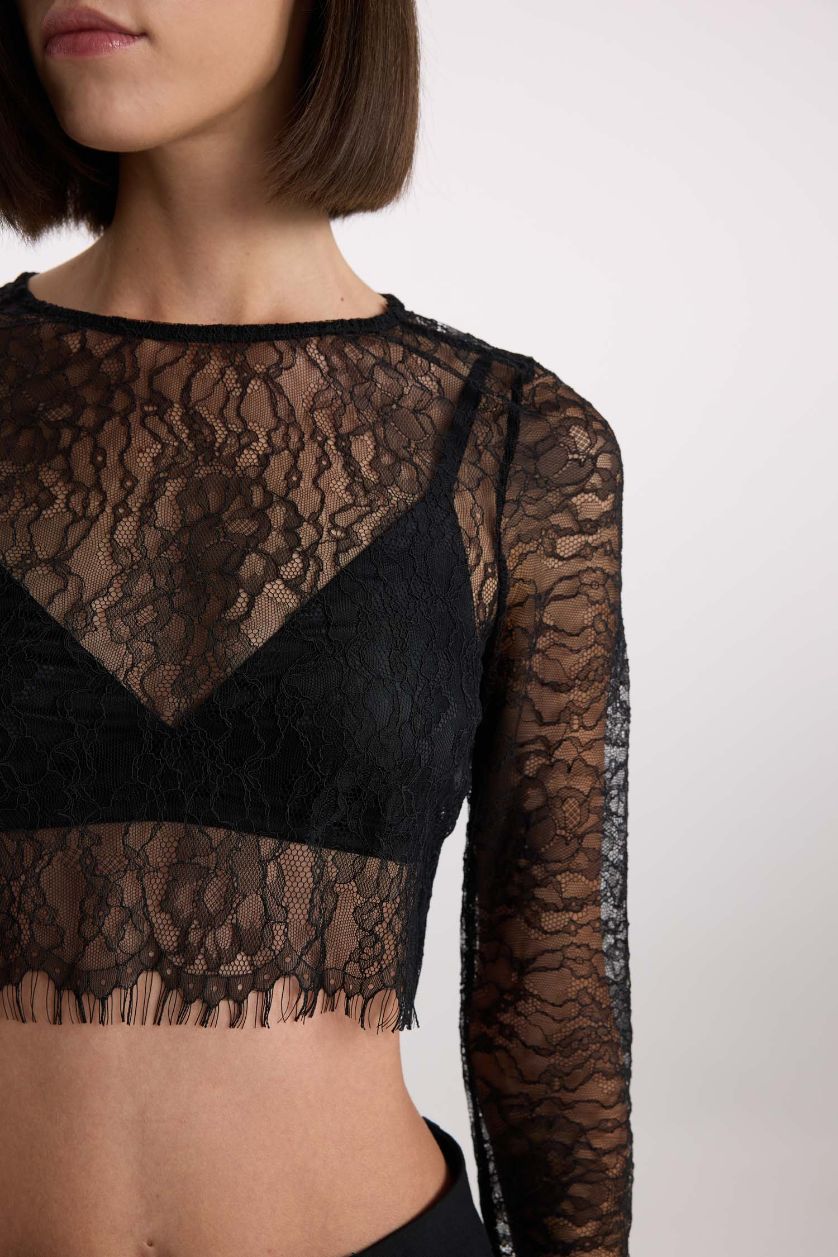 نساء أسود بلوزة كم طويل كروب بياقة مستديرة