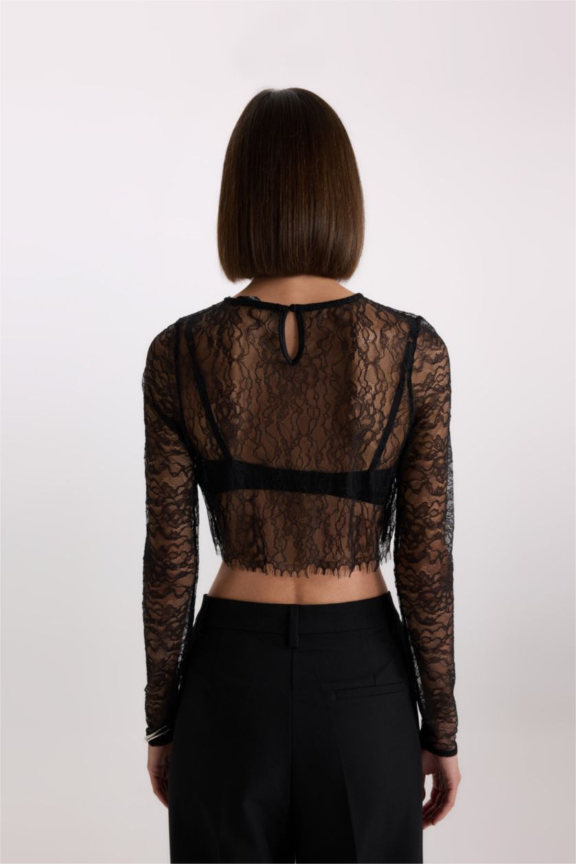 نساء أسود بلوزة كم طويل كروب بياقة مستديرة