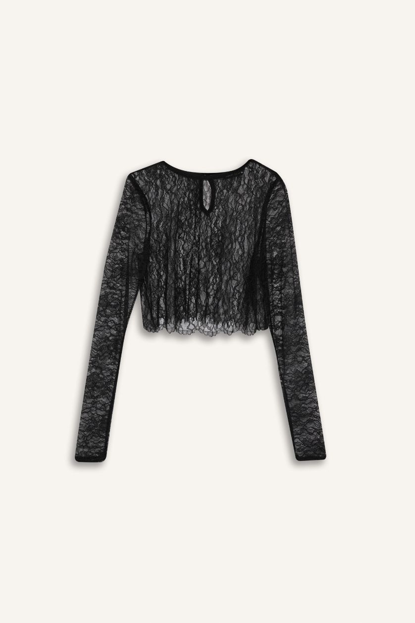 نساء أسود بلوزة كم طويل كروب بياقة مستديرة