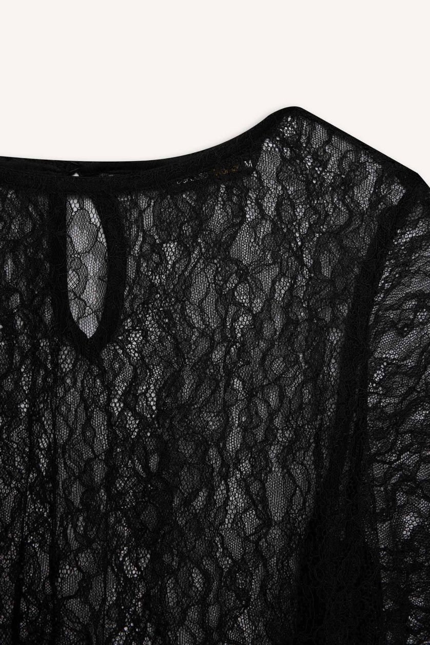 نساء أسود بلوزة كم طويل كروب بياقة مستديرة